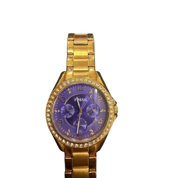 Fossil Riley Purple Crystal set Dial Rose Gold tone Steel Ladies Watch Read - Picture 3 of 5